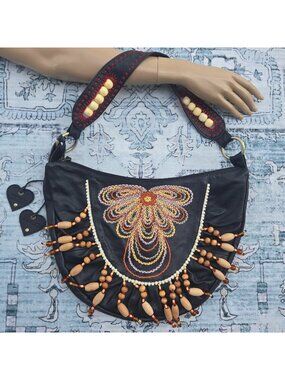 Y2K Aldo Black Leather Beaded Fringe Hobo Shoulder Bag Boho Embroidered Vintage